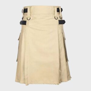 Khaki Cotton Utility Kilt with Leather Straps