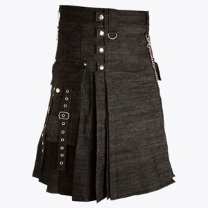 Black Denim Utility Kilt Style With Cargo Pockets