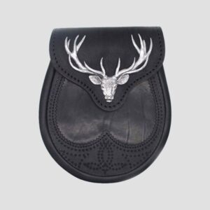 Black Stag Head Leather Sporran With Free Chain Belt