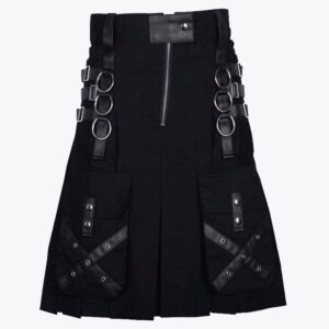 Gothic Throng Leather Straps Black Cotton Kilt