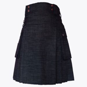 New Black Denim Kilt With Cargo Pockets